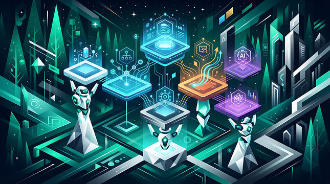 Futuristic isometric technology concept with glowing data platforms and digital interfaces
