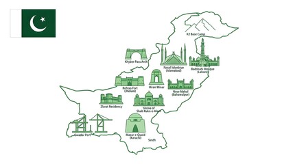 Fototapeta premium Map of Pakistan Silhouette Featuring Famous Landmarks and Historic Monuments in Green Line Art Style