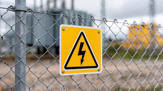 High voltage warning sign on fence at substation