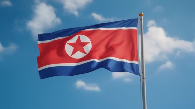 Close-up of North Korean flag fabric waving in wind, detailed textile texture video