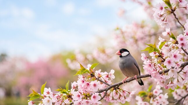 満開の桜の枝にとまる可愛い文鳥