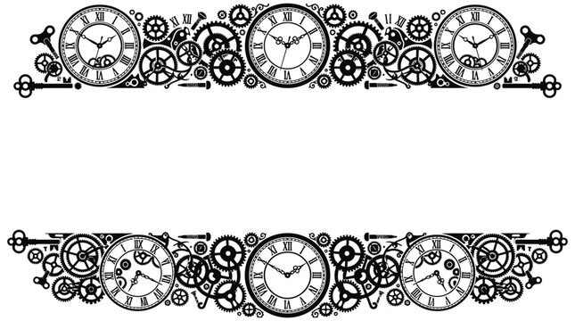 Detailed horizontal banner featuring intricate black clockwork gears, vintage roman numeral dials, and ornate antique keys on white background design