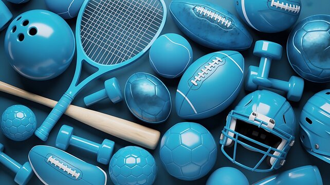 Sports equipment collection appears in a monochromatic blue layout.