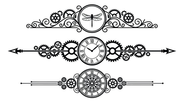 Steampunk decorative flourishes featuring intricate clockwork gears, vintage ornate dragonfly motifs, and traditional roman numeral faces for elegant graphic design projects