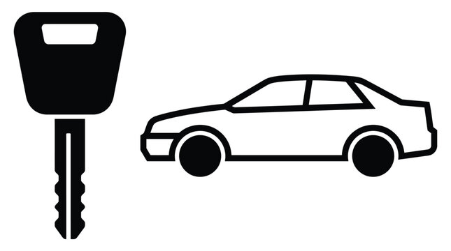 Black car key icon paired with simple sedan outline symbol for automotive branding or dealership marketing materials and digital graphic design
