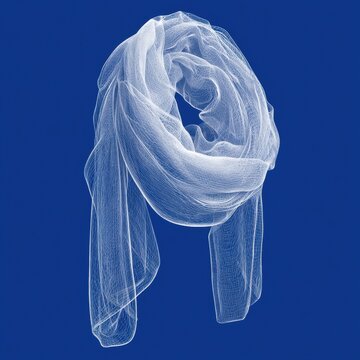 A scarf is illustrated with flowing white lines on a blue background. The design shows a simplified version of knitwear details.