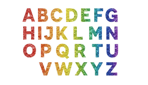 Colorful pixel art alphabet letters set with a rainbow gradient effect