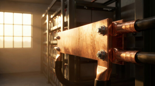 Copper joint close up shot of ax in warm light, industrial metal detail