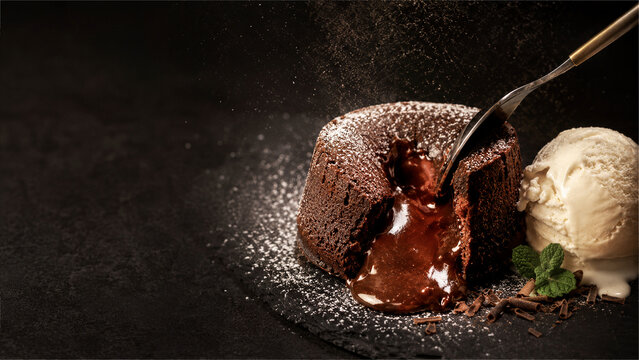 Delicious molten chocolate lava cake with a scoop of vanilla ice cream and powdered sugar on a dark background