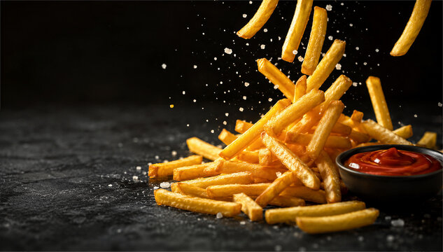 Golden crispy french fries falling onto a dark surface with sea salt flakes and a side of red ketchup