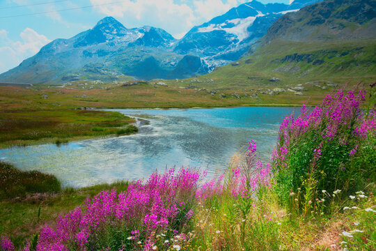 Alpine lake Lej Pitschen near the Bernina Pass, in the canton of Graub&uuml;nden (Grisons), Switzerland