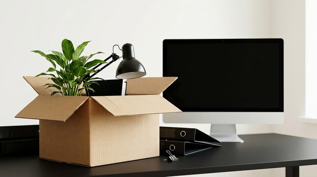 Cardboard box with a green plant on a desk near a computer monitor during an office move.
