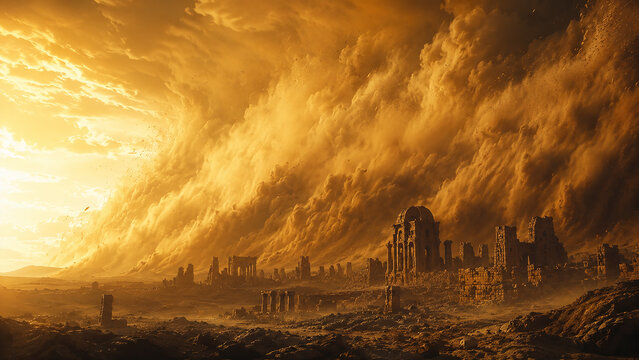 Powerful sandstorm sweeping across ancient ruins beneath a dramatic golden sky. Extreme weather, climate change, natural disaster, archaeology, and apocalyptic landscape concept.