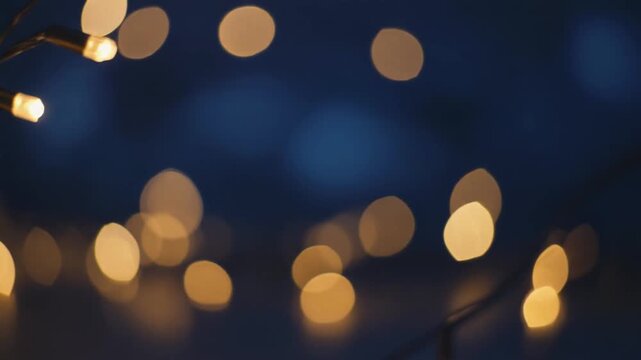 Golden String Lights Glowing Against Dark Blue Background, Christmas Bokeh