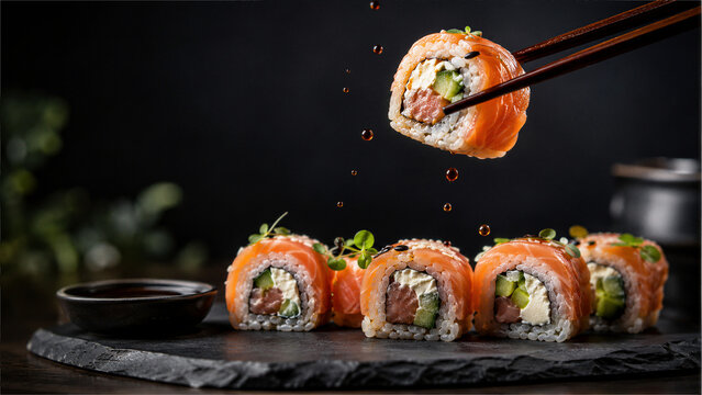 Chopsticks lifting a delicious fresh salmon sushi roll with soy sauce drops falling against a dark background