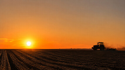 Obraz premium Distant Tractor Silhouette Plowing an Open Field at Sunset