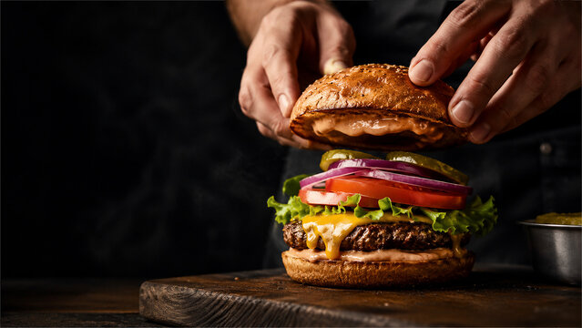 Chef hands carefully assemble a delicious gourmet cheeseburger with fresh ingredients on a rustic wooden board