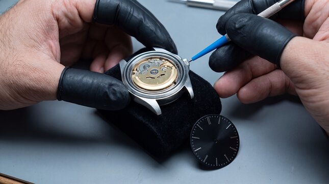 Watchmaker repair case gloves opening wristwatch tool dial precision maintenance with a blue instrument beside removed components for professional horology service and technical craftsmanship