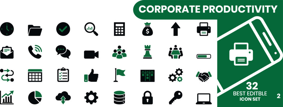 Set of professional business and office management vector graphics featuring a comprehensive corporate productivity icon collection. Corporate productivity fill icon set with business management, coll