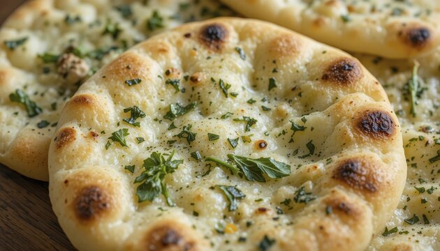Golden naan bread garnished with herbs and garlic, showcasing a crispy texture, AI generated