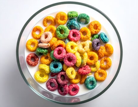 A clear glass bowl filled with vibrant colorful breakfast cereal loops floating in fresh white liquid milk