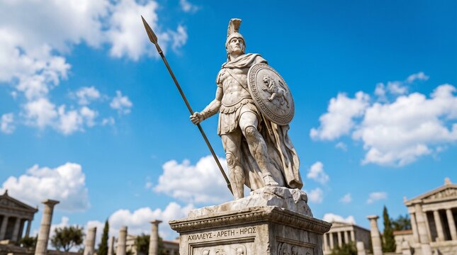 A majestic marble statue of an ancient Greek warrior with a spear and shield under a bright blue sky with clouds, surrounded by classical architecture.