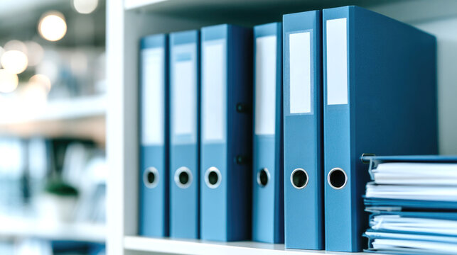 Document management, Office archive. Ring binders arranged on storage shelves organize business records, contracts and paperwork for efficient filing, compliance and document management.