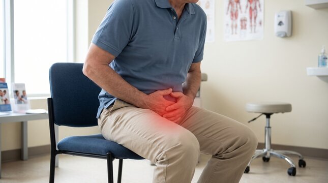 Senior man experiencing groin pain in a doctor's office, indicating a medical issue or discomfort.