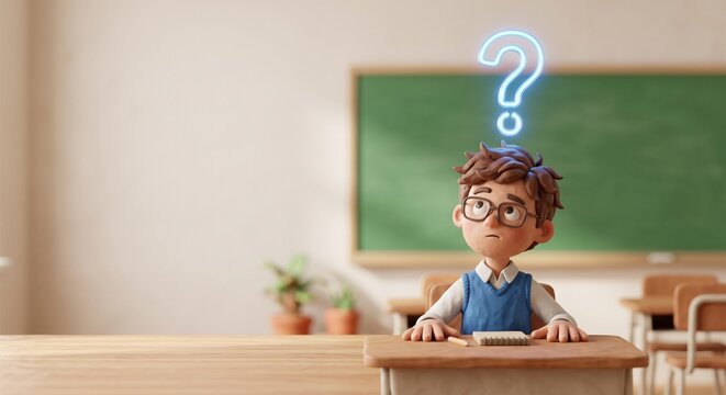 Cute 3d cartoon boy sitting at classroom desk with glowing question mark idea concept