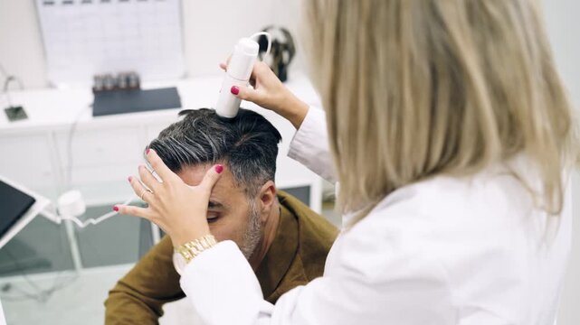 Female doctor trichologist diagnosing a man's hair and scalp with a special dermatoscope camera in a modern cosmetic clinic office