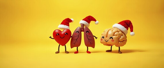 Naklejka premium Cartoon heart, lungs, and brain with smiling faces in tiny Santa hats celebrating Christmas on bright yellow background with copy space, medicine and healthcare, biology concept, AI generated