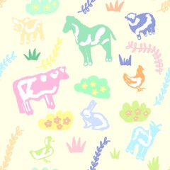 Cute Hand Drawn Pastel Farm Animals Seamless Pattern with Crayon Texture for Kids Nursery, Baby Fabric, Wrapping Paper and Preschool Background