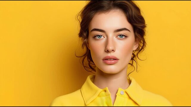 Woman Making Silence Gesture with Finger on Lips Against Yellow Background Communication and Privacy Concept