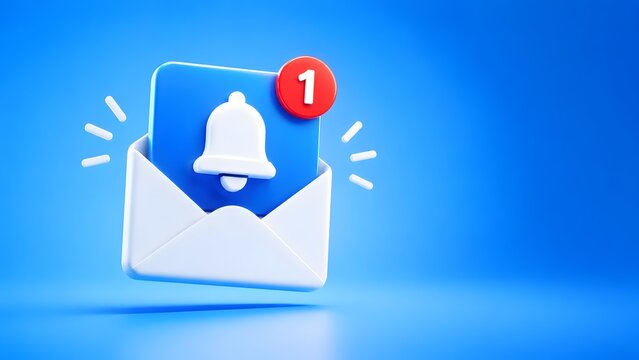 3D illustration of an open email envelope with a ringing bell icon and unread notification badge on blue background.