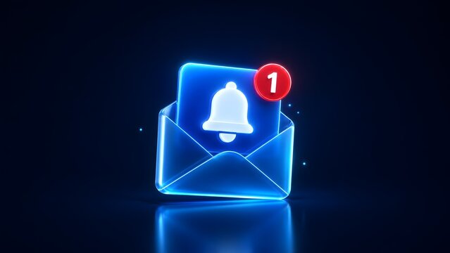 3D rendering of a glowing blue digital email envelope with a ringing notification bell and red unread message alert badge