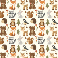 Obraz premium Cute Woodland Animals Seamless Pattern with Forest Friends Illustration