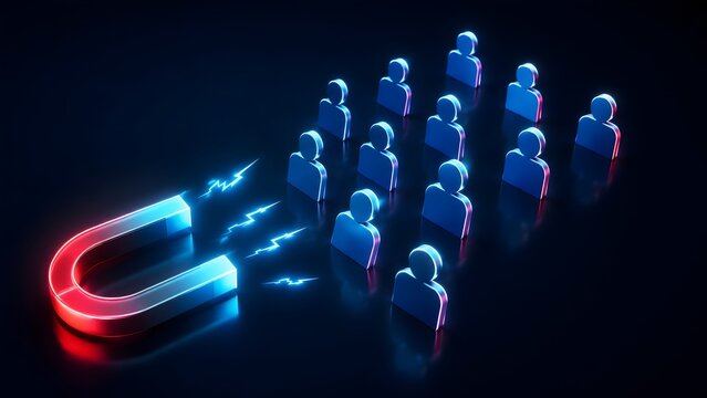 Glowing magnet attracting group of human figures representing customer retention lead generation and inbound marketing strategy