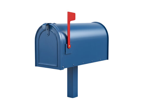 A classic blue metal mailbox with a red flag isolated on transparent background