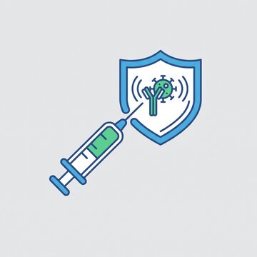 Vaccination concept icon with syringe, medical shield, and virus, vector illustration