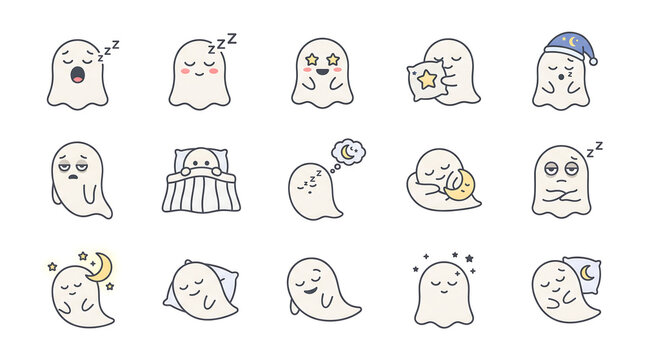 Cute cartoon ghost collection in various sleeping poses with pillows moons and stars for stickers or emoji usage.