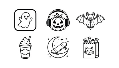 Six black and white cartoon including a ghost in a square pumpkin with headphones a bat in a hoodie a drink cup a skateboard on a crescent moon and a bag of candy © Fahimaakter