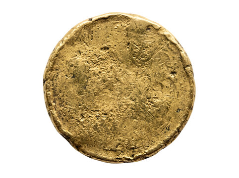 Ancient weathered gold coin with rough texture isolated on transparent background