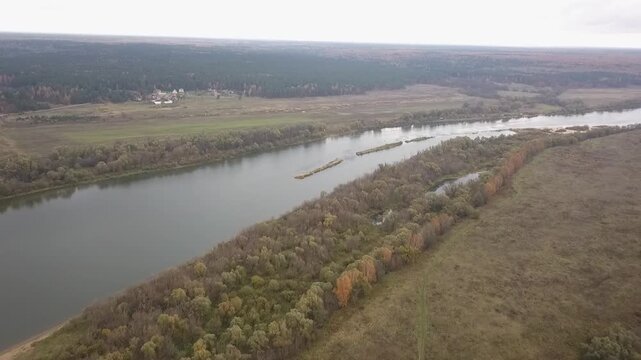 Drone flying forward above Pushchino river landscape