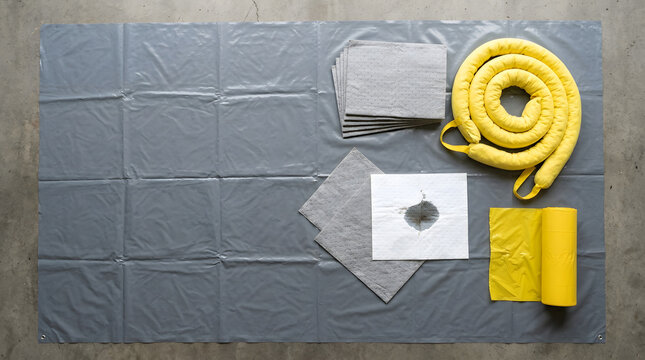 Top view of a spill response kit on a grey tarp. Yellow absorbent boom and grey pads for oil leak cleanup. Flat lay composition with copy space
