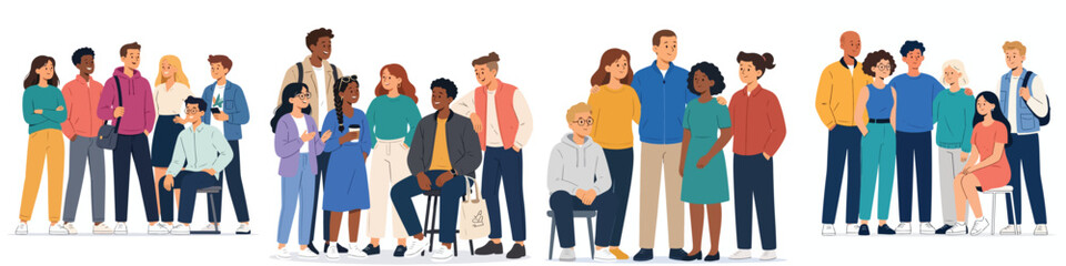 Obraz premium A collection of modern vector illustrations featuring a group of friends gathering, set against a white background.