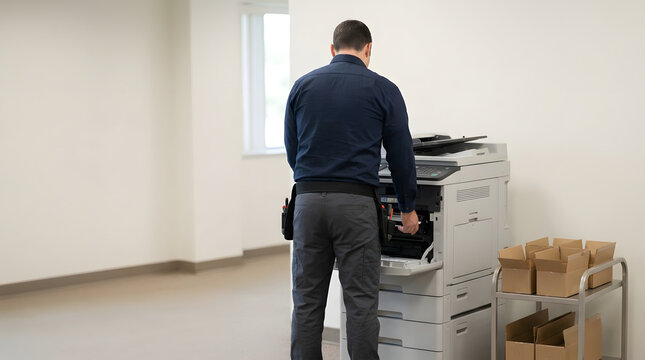 Male technician repairing a large office photocopier. IT support worker fixing a printer in a bright corporate workplace