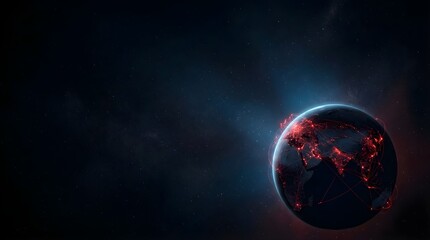 Fototapeta premium Connected red digital network lines glowing on planet Earth in dark space
