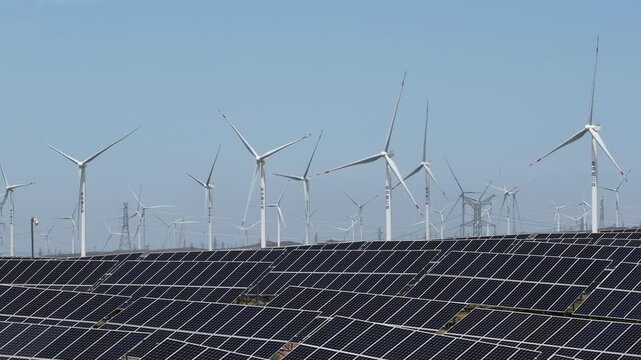 Renewable Energy Landscape with Solar Panels and Wind Turbines in Arid Hilly Terrain of Northwest China