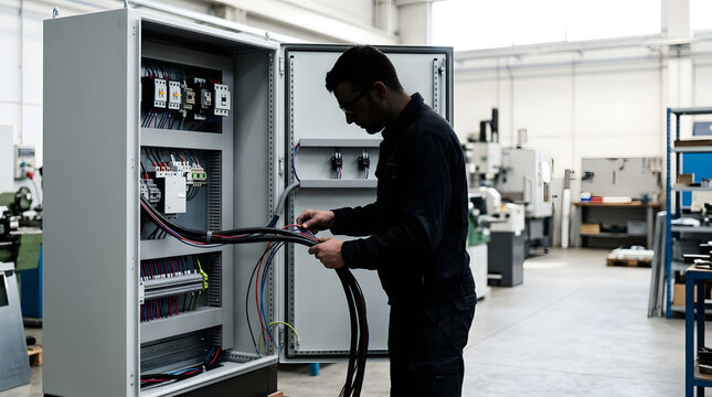Industrial electrician wiring a large control panel in a factory. Male technician installing heavy cables in an electrical distribution cabinet