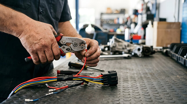 Close up of mechanic hands crimping a terminal onto a red wire. Electrician using a crimping tool on an automotive wire harness in a workshop